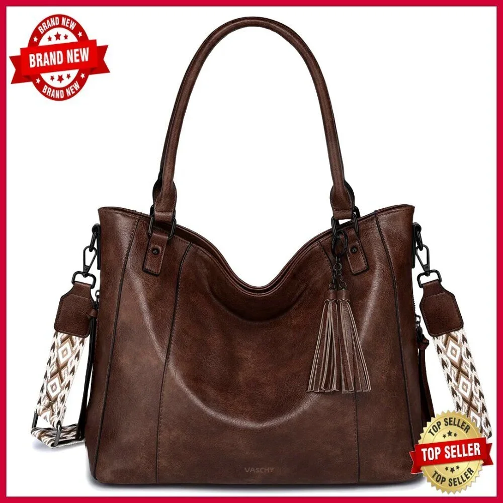 Vegan Leather Hobo Tote with Guitar Strap, Multi-Pocket Organization